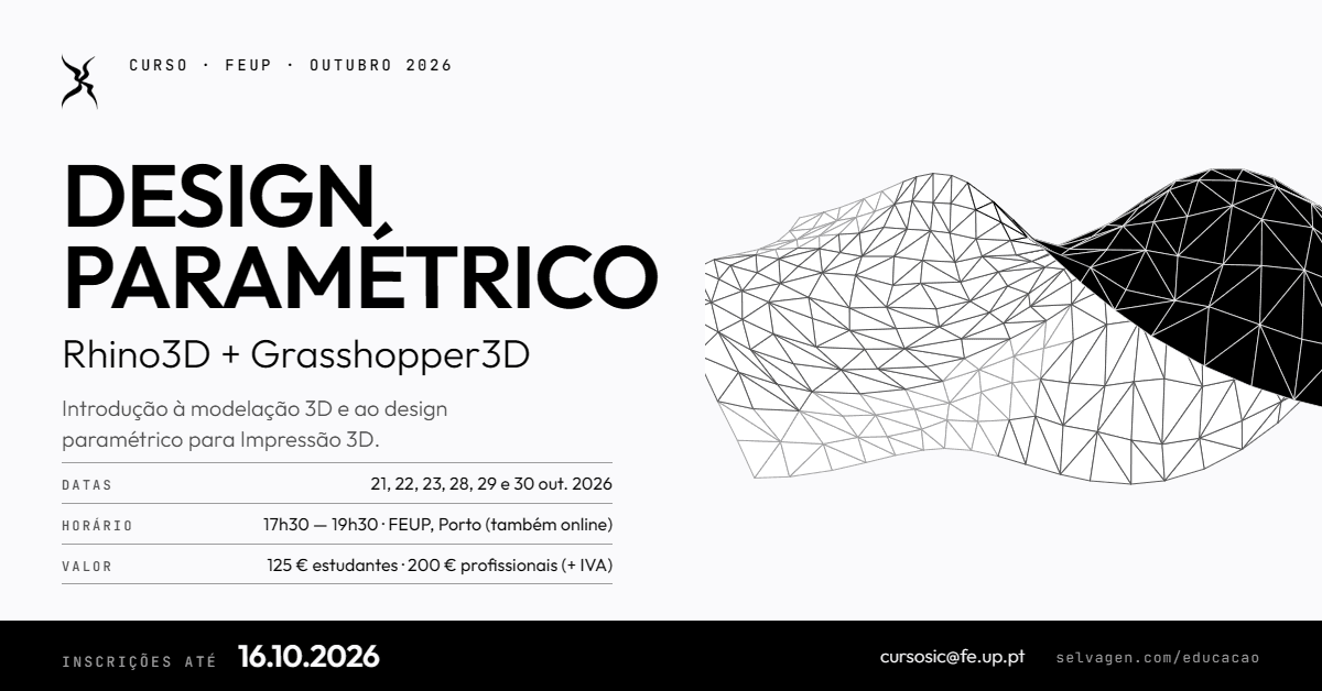 Design Paramétrico — Rhino3D + Grasshopper3D. Curso na FEUP, 21 a 30 de outubro de 2026, 17h30–19h30. Inscrições até 16.10.2026.